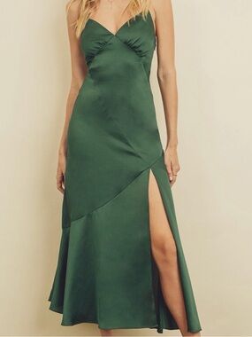 Dress Forum Women’s Deep Green Satin Midi Slip Dress High Slit Size Small